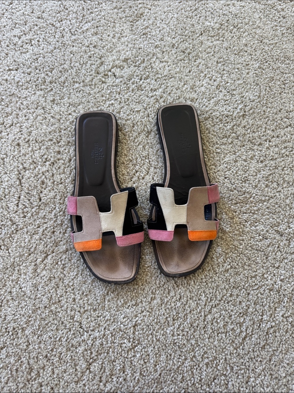 Hermes Pink Orange Multi Color Suede H Oran Sandal 36.5